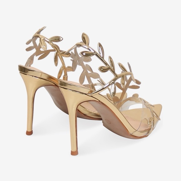Women’s Leaf Wrap Around Stiletto Heeled Sandals in Mirriored Gold Faux Leather - Picture 2 of 6